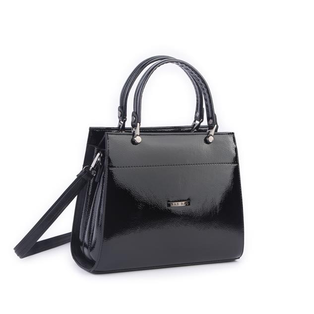 Nas Bag Orjinal Kadın El ve Omuz Çantası Klasik Şık Siyah Krsk Rugan (En :30 cm Boy:26cm)