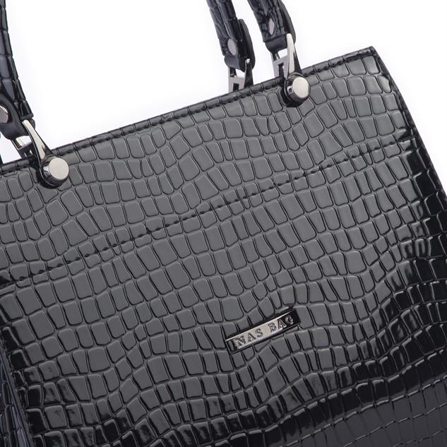 Nas Bag Orjinal Kadın El ve Omuz Çantası Klasik Şık Siyah Kroko (En :30 cm Boy:26cm)