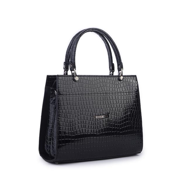 Nas Bag Orjinal Kadın El ve Omuz Çantası Klasik Şık Siyah Kroko (En :30 cm Boy:26cm)