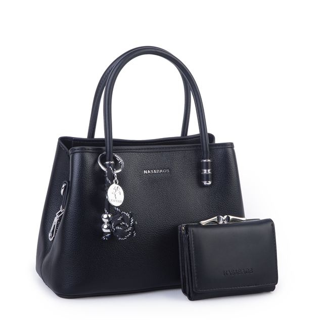 Nas Bag Premium 2li set Çanta El Omuz ve Çapraz Çanta Cüzdan Siyah
