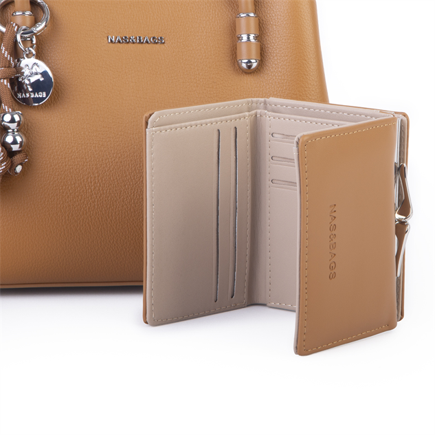 Nas Bag Premium 2li set Çanta El Omuz ve Çapraz Çanta Cüzdan Taba