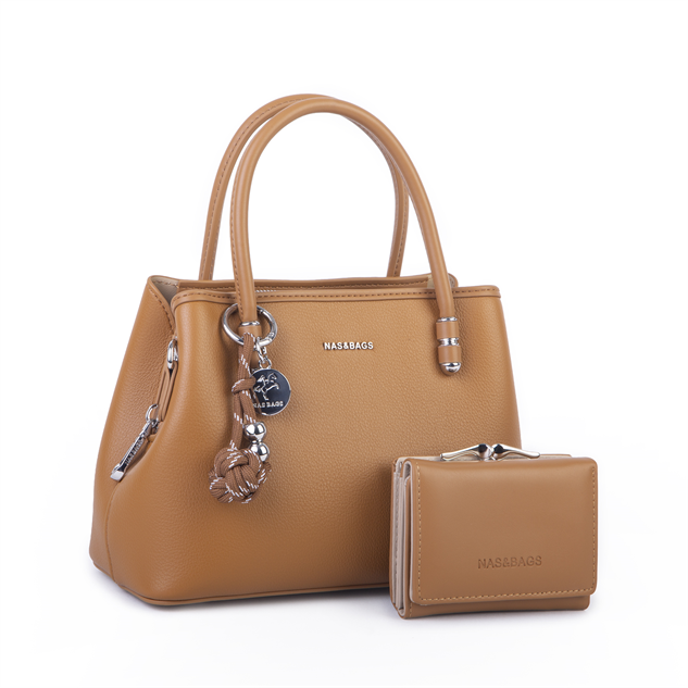 Nas Bag Premium 2li set Çanta El Omuz ve Çapraz Çanta Cüzdan Taba