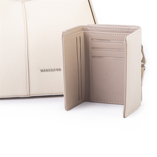 Nas Bag Premium 2li Set Kadın El Omuz ve Postacı Çantası ile Cüzdan Set Krem