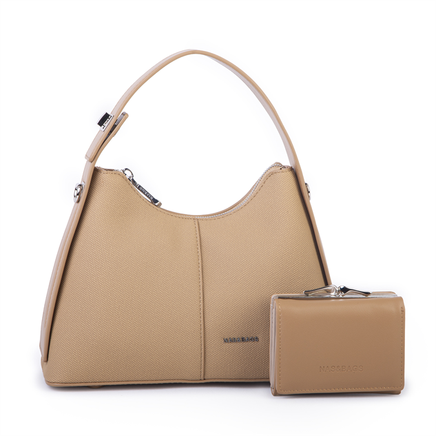 Nas Bag Premium 2li Set Kadın El Omuz ve Postacı Çantası ile Cüzdan Set Kum
