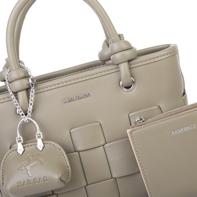 Nas Bag Mini Premium Şık Kadın 2 li Set ve Charmlı ve Cüzdanlı  El ve Çapraz Çanta Haki