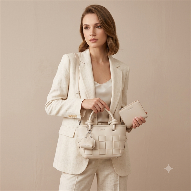 Nas Bag Mini Premium Şık Kadın 2 li Set ve Charmlı ve Cüzdanlı  El ve Çapraz Çanta Krem