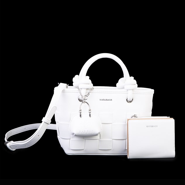 Nas Bag Mini Premium Şık Kadın 2 li Set ve Charmlı ve Cüzdanlı  El ve Çapraz Çanta Beyaz