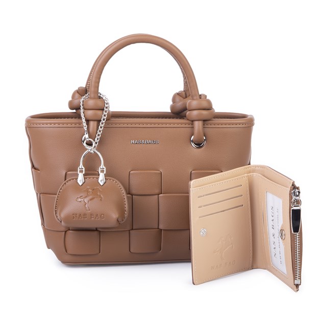 Nas Bag Mini Premium Şık Örgü Detaylı Kadın 2 li Set ve Charmlı ve Cüzdanlı  El ve Çapraz Çanta Taba