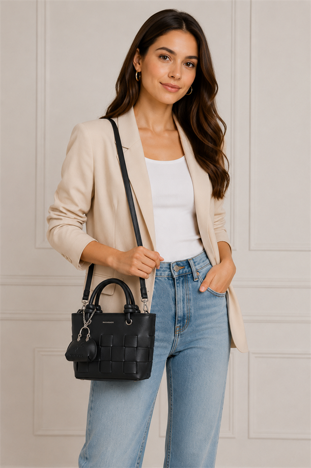 Nas Bag Mini Premium Şık Kadın 2 li Set ve Charmlı ve Cüzdanlı  El ve Çapraz Çanta Siyah