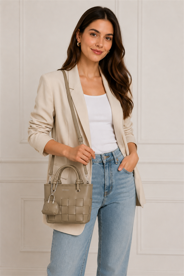 Nas Bag Mini Premium Şık Kadın 2 li Set ve Charmlı ve Cüzdanlı  El ve Çapraz Çanta Haki