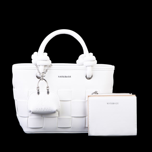 Nas Bag Mini Premium Şık Kadın 2 li Set ve Charmlı ve Cüzdanlı  El ve Çapraz Çanta Beyaz