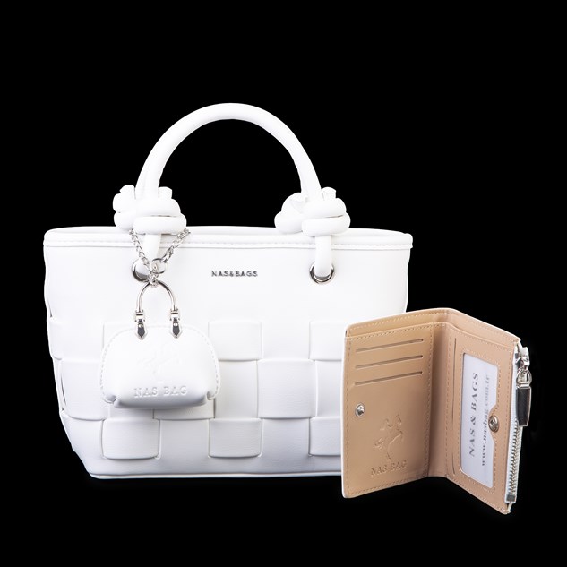 Nas Bag Mini Premium Şık Kadın 2 li Set ve Charmlı ve Cüzdanlı  El ve Çapraz Çanta Beyaz