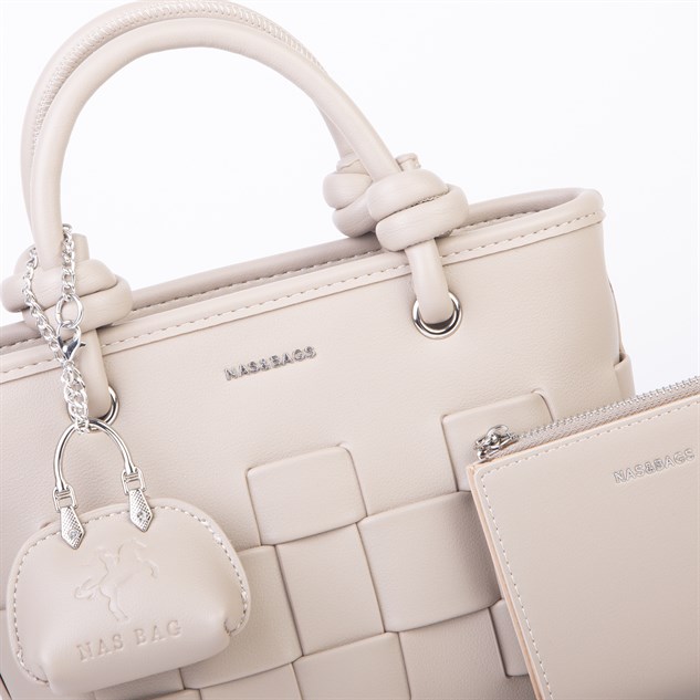 Nas Bag Mini Premium Şık Kadın 2 li Set ve Charmlı ve Cüzdanlı  El ve Çapraz Çanta Kum