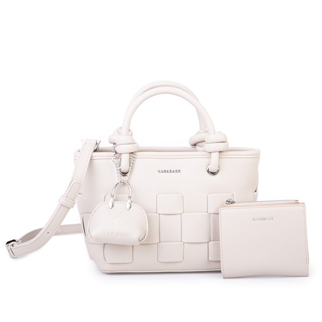 Nas Bag Mini Premium Şık Kadın 2 li Set ve Charmlı ve Cüzdanlı  El ve Çapraz Çanta Krem
