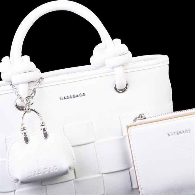 Nas Bag Mini Premium Şık Kadın 2 li Set ve Charmlı ve Cüzdanlı  El ve Çapraz Çanta Beyaz
