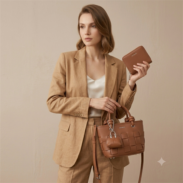 Nas Bag Mini Premium Şık Örgü Detaylı Kadın 2 li Set ve Charmlı ve Cüzdanlı  El ve Çapraz Çanta Taba