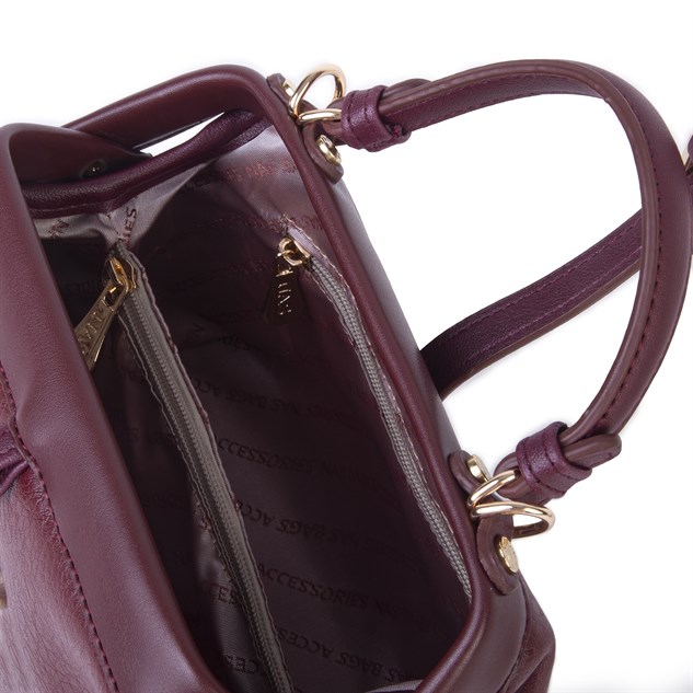 Nas Bag Hakiki Deri Görünümlü Vintage Doktor Çantası Küçük Boy El ve Omuz Çantası Bordo Victoria