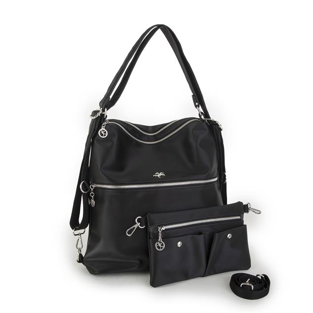 Nas Bag Sırt Çantası ve Omuz Çantası Dönüştürülebilir Tasarımlı Ürün Mini Ayrılabilir  Çapraz Çantalı   Siyah Saten  (33x33 cm Ebatındadır)