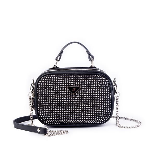 Nas Bag Zincirli Kapitone Çift Gözlü El ve Çapraz Çanta Siyah Gümüş Taşlı ( 21x16 cm )