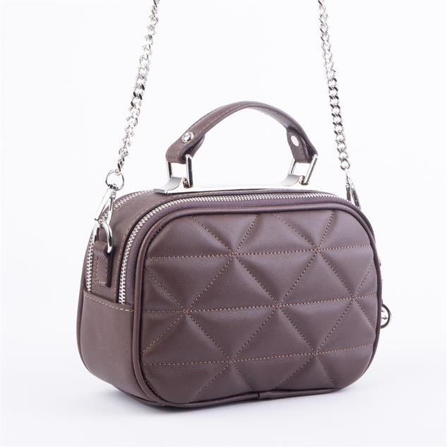 Nas Bag Zincirli Kapitone Çift Gözlü El ve Çapraz Çanta Kahve Dona ( 21x16 cm )