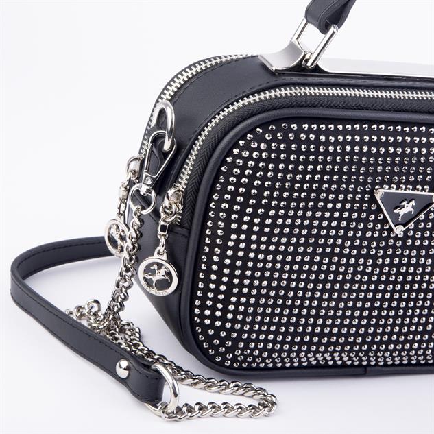 Nas Bag Zincirli Kapitone Çift Gözlü El ve Çapraz Çanta Siyah Gümüş Taşlı ( 21x16 cm )