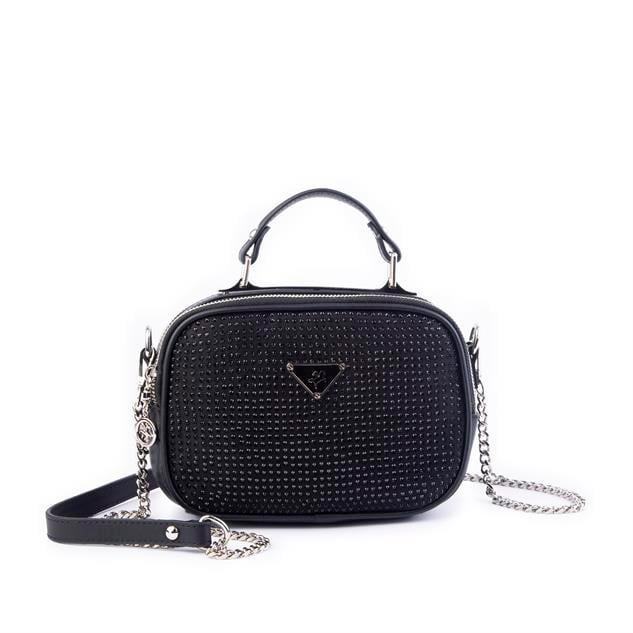 Nas Bag Zincirli Kapitone Çift Gözlü El ve Çapraz Çanta Siyah  Taşlı ( 21x16 cm )