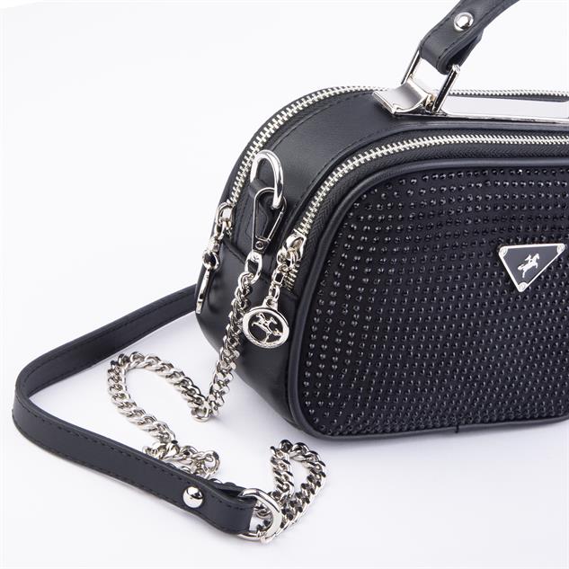 Nas Bag Zincirli Kapitone Çift Gözlü El ve Çapraz Çanta Siyah  Taşlı ( 21x16 cm )