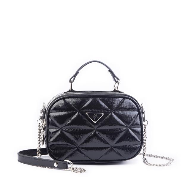 Nas Bag Zincirli Kapitone Çift Gözlü El ve Çapraz Çanta Siyah Krşk Rugan ( 21x16 cm )