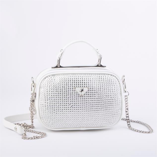 Nas Bag Zincirli Kapitone Çift Gözlü El ve Çapraz Çanta Beyaz Taşlı ( 21x16 cm )
