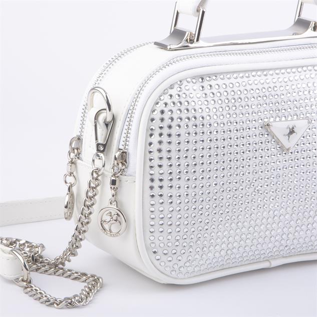 Nas Bag Zincirli Kapitone Çift Gözlü El ve Çapraz Çanta Beyaz Taşlı ( 21x16 cm )