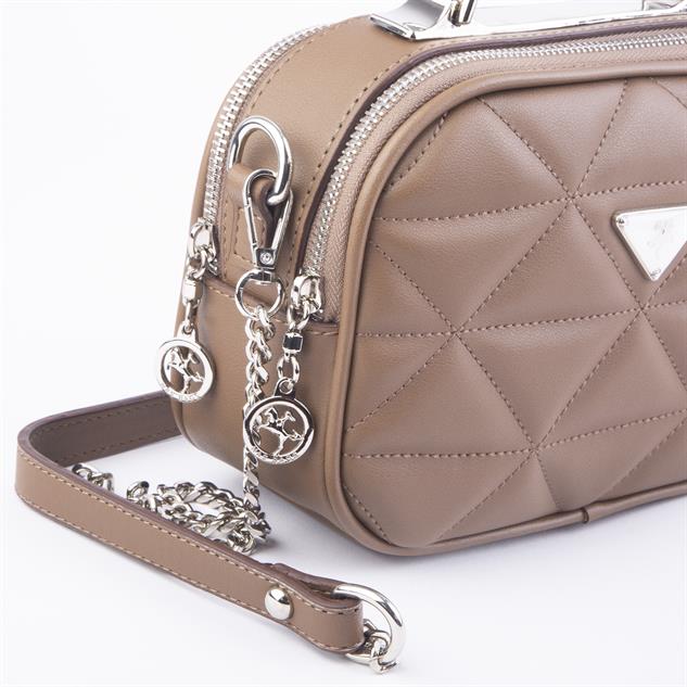 Nas Bag Zincirli Kapitone Çift Gözlü El ve Çapraz Çanta Vizon Dona ( 21x16 cm )