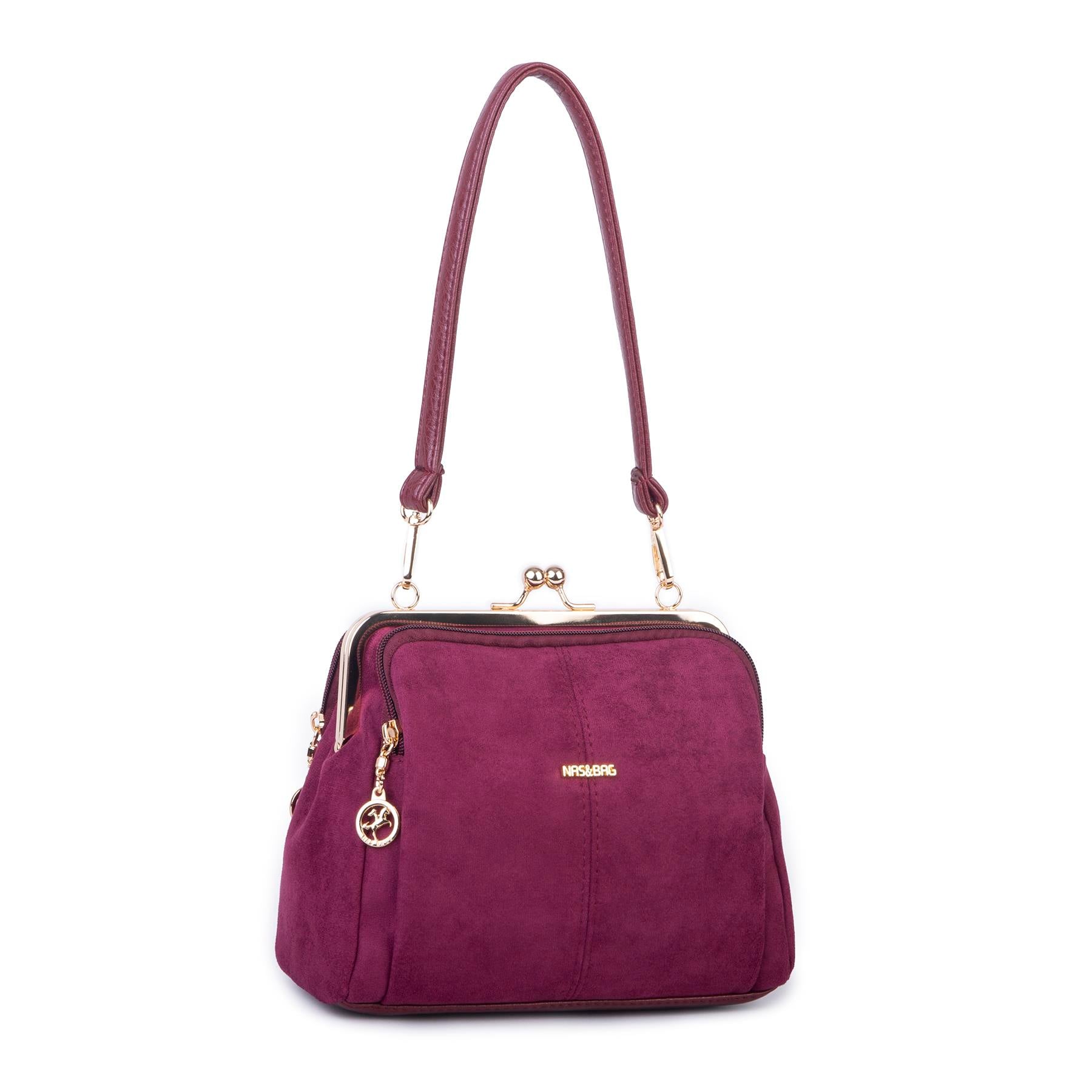 Nas Bag Burslu Klipsli Vintage Omuz ve Çapraz Çanta (23x20 cm ebatlarındadır) Bordo Süet