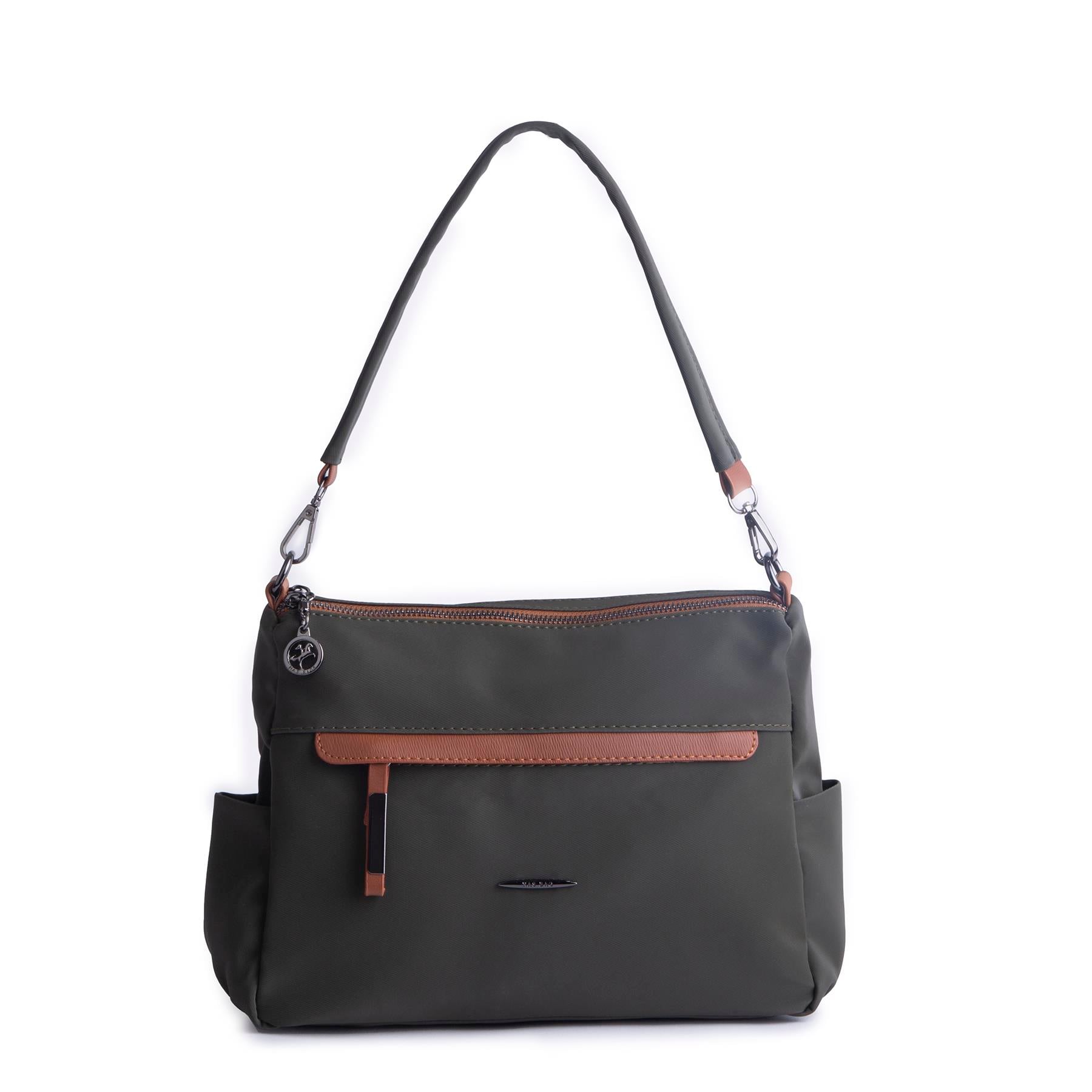 Nas Bag Çok Gözlü Yumuşak ve Hafif Yapılı Çift Askılı Omuz ve Çapraz Çanta Yeşil  Taba  Buzzy  ( 30x24 cm )
