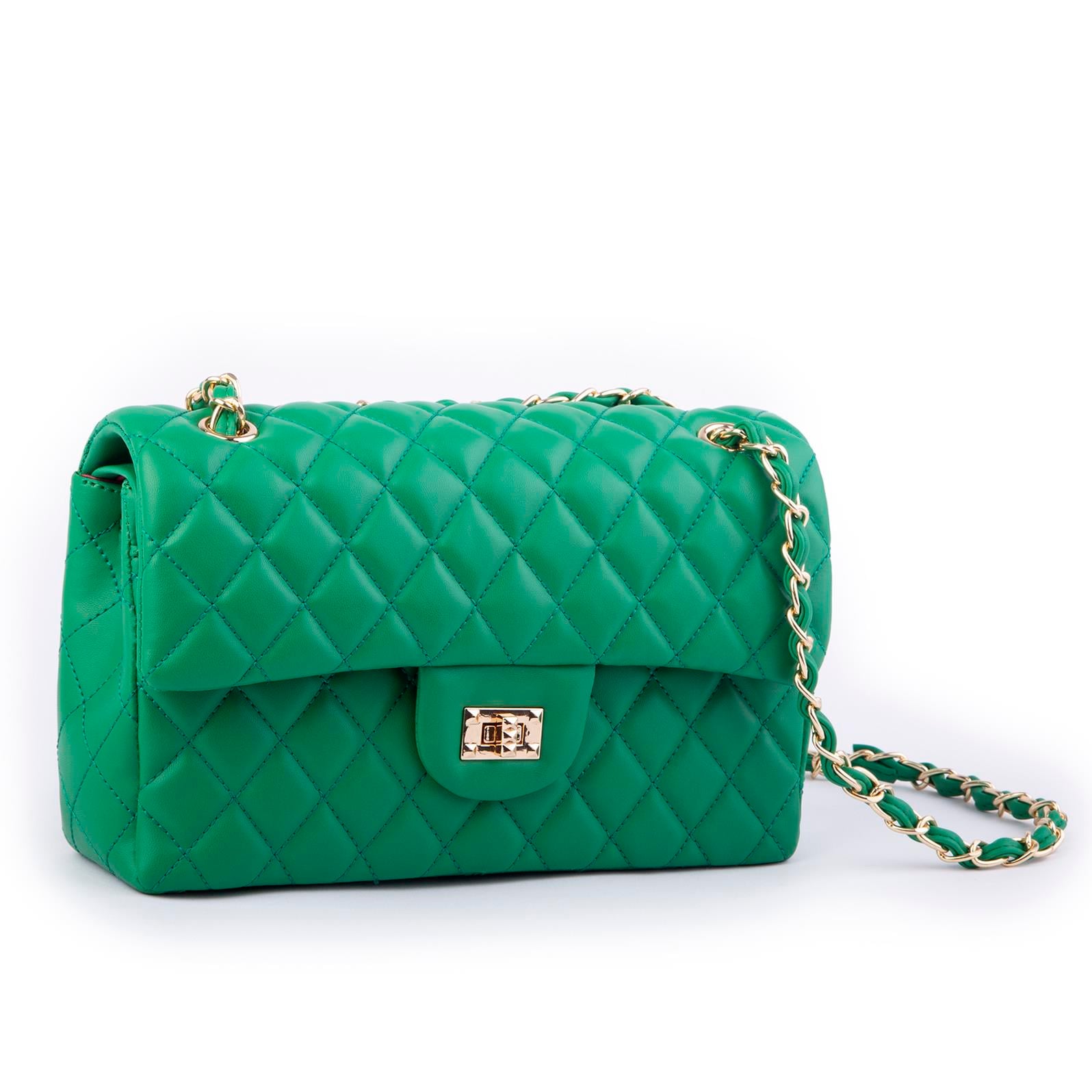 Nas Bag Kadın Çapraz Çanta Büyük Boy Zincirli Kapitone Çim Yeşili Nova (en:26 ; boy:16 cm ) 