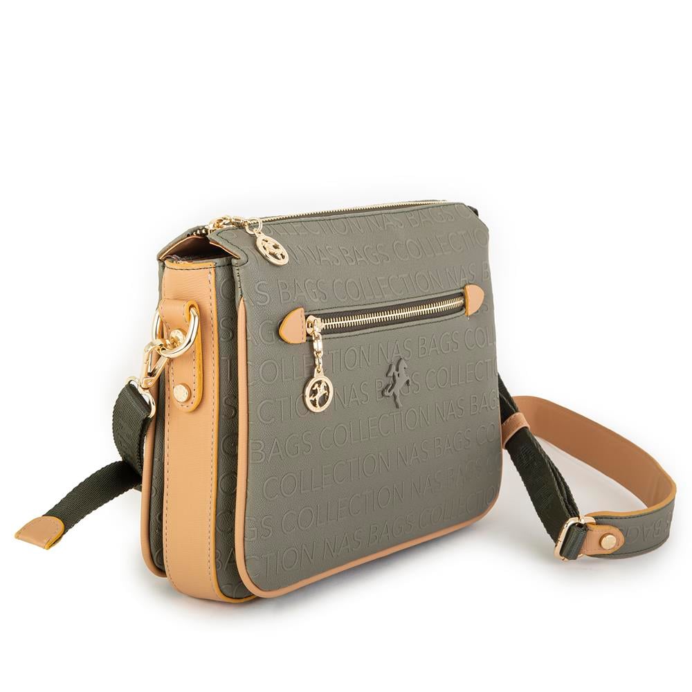 Nas Bag Kadın Çapraz Çanta Kalın Ayarlanabilir Askılı Çanta Yeşil Camel Gofraj