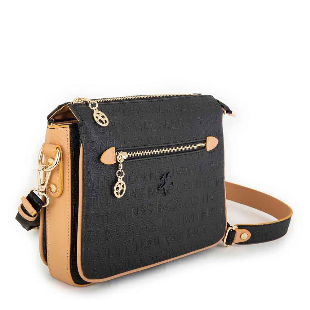 Nas Bag Kadın Çapraz Çanta Kalın Ayarlanabilir Askılı Çanta Siyah Camel Gofraj