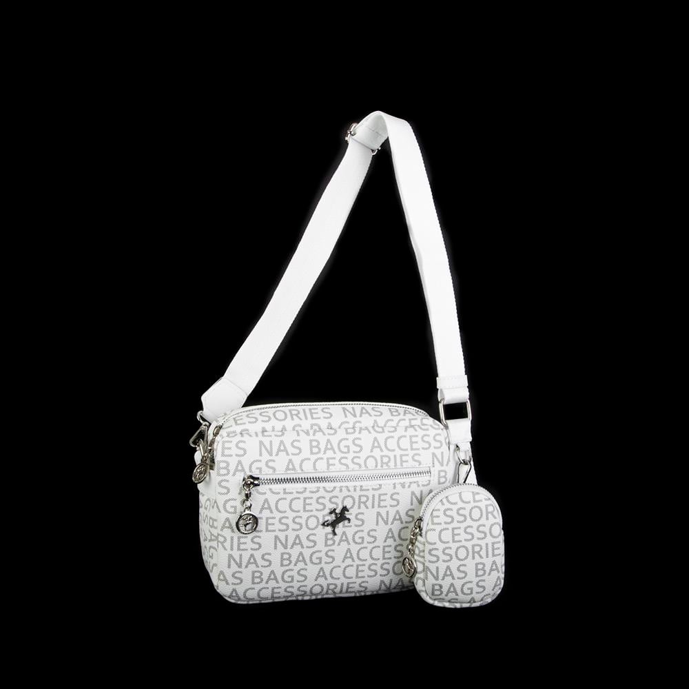 Nas Bag Kadın Çapraz Çanta Mini Cüzdanlı Ayarlanabilir Askılı Beyaz  Yazılı