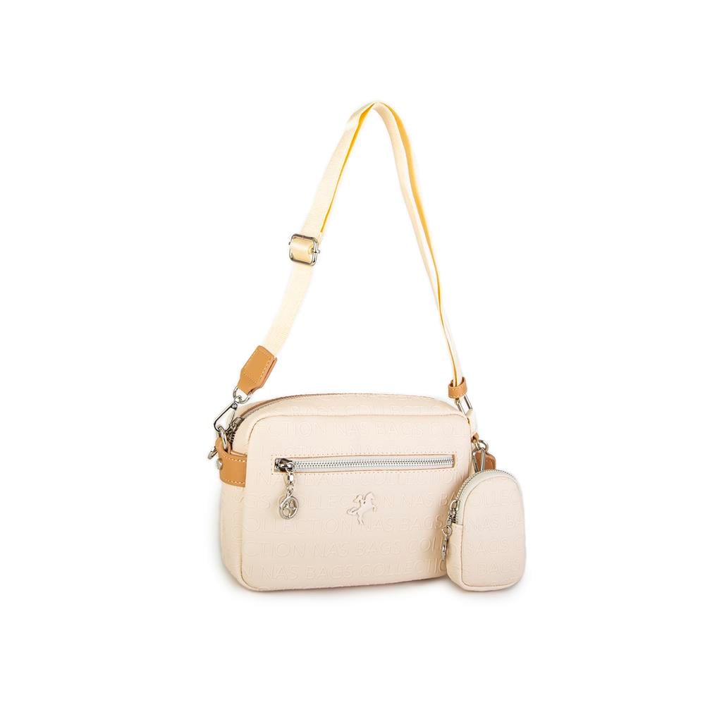 Nas Bag Kadın Çapraz Çanta Mini Cüzdanlı Ayarlanabilir Askılı Krem Camel Gofraj