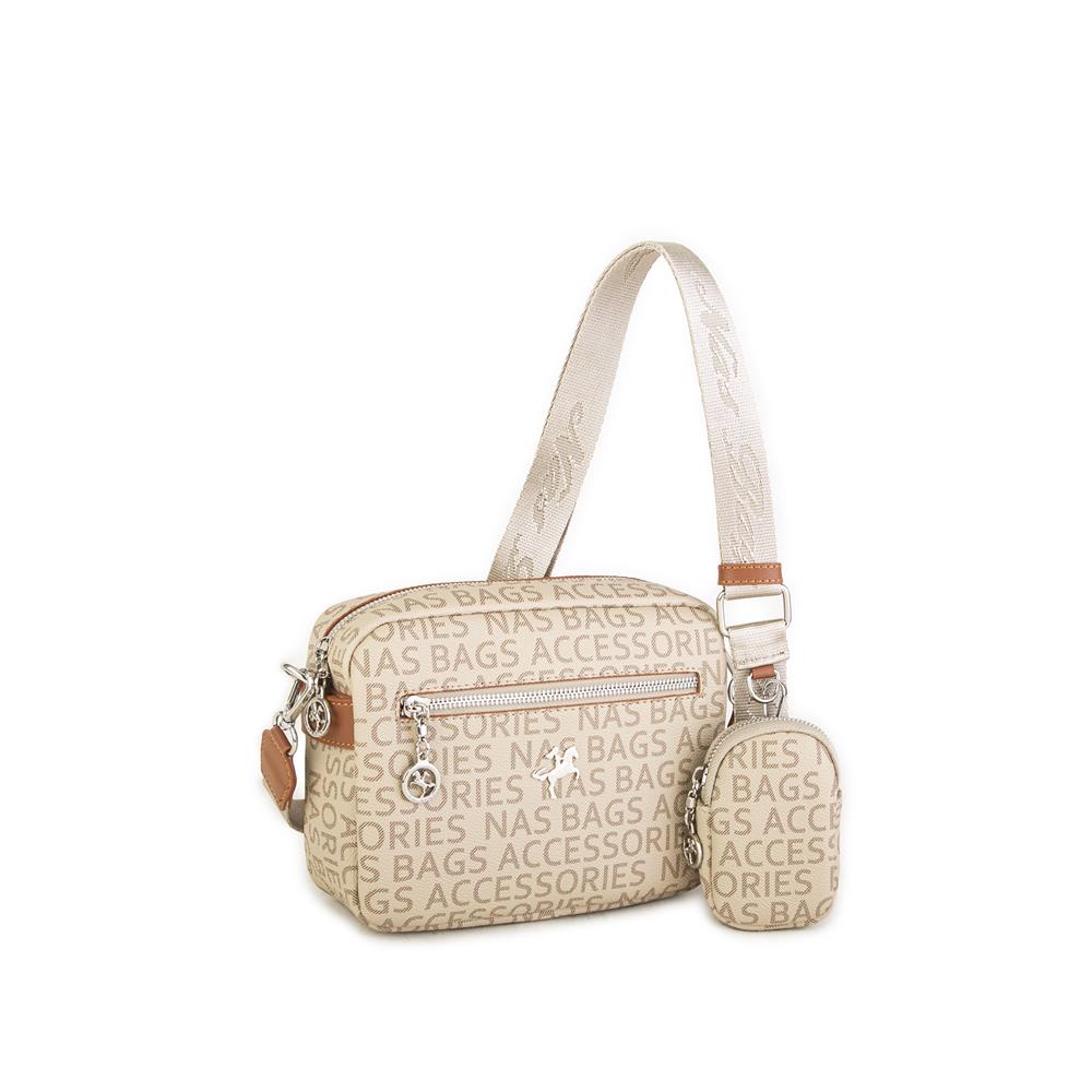 Nas Bag Kadın Çapraz Çanta Mini Cüzdanlı Ayarlanabilir Askılı Vizon Taba Yazılı