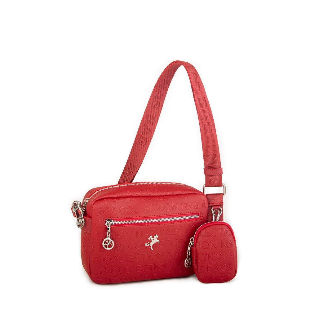 Nas Bag Kadın Çapraz Çanta Mini Cüzdanlı Ayarlanabilir Askılı Kırmızı  Gofraj