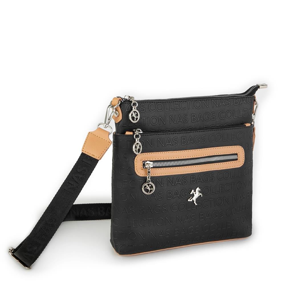 Nas Bag Kadın Çapraz Çanta Siyah Camel Gofraj