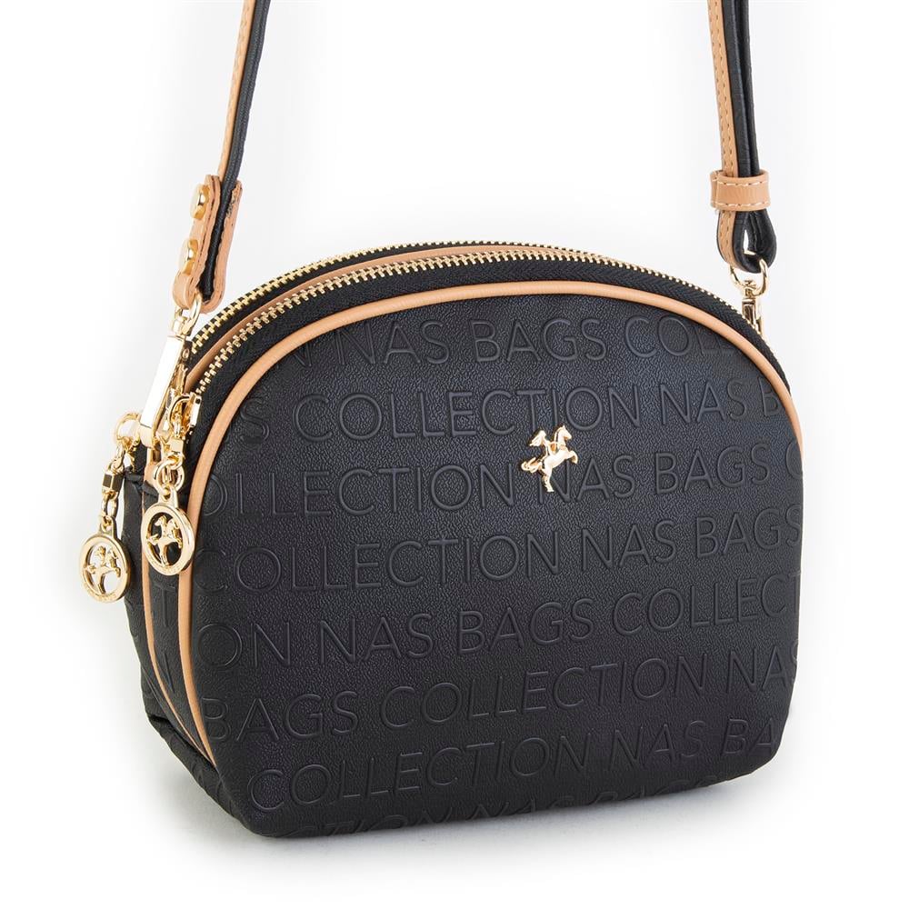 Nas Bag Kadın Çapraz Çanta Siyah Camel  Gofraj