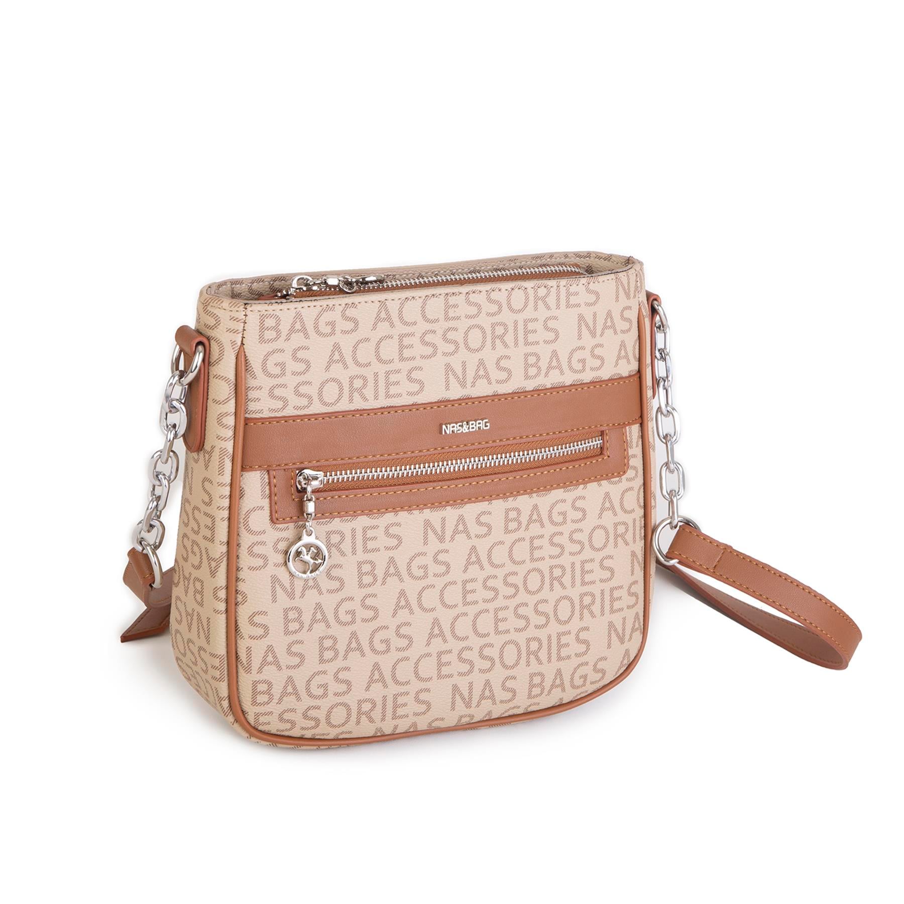 Nas Bag Kadın Çapraz Çanta Spor Ayarlanabilir Askılı  Vizon Taba  Yazılı  (ürün ölçüsü :24x24x7 cm)