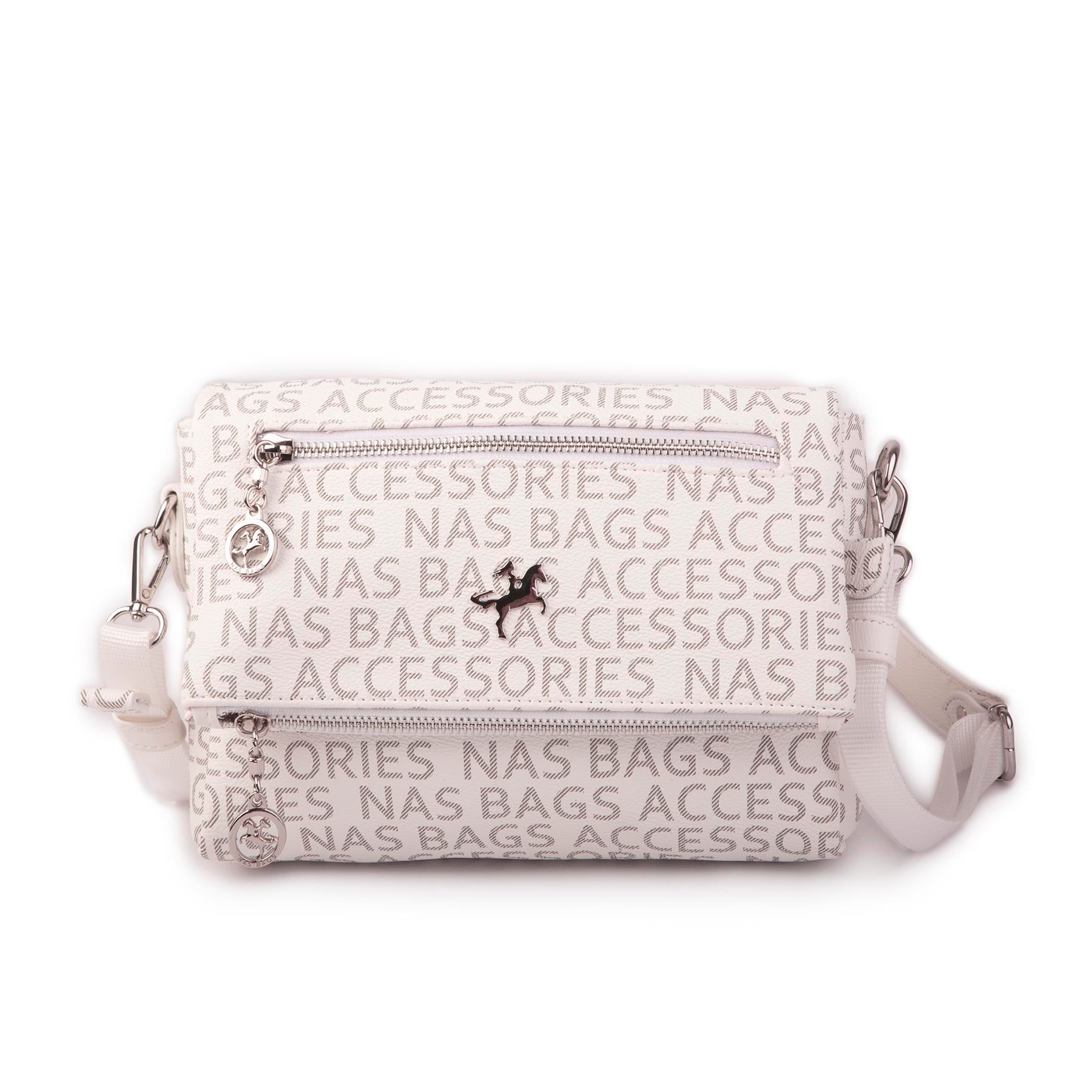 Nas Bag Kadın Çapraz Çok Cepli Spor Çanta Beyaz Yazılı (25x18x7 cm )