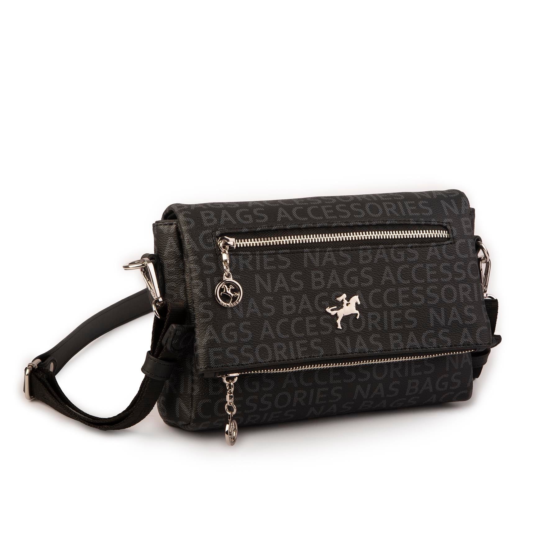 Nas Bag Kadın Çapraz Çok Cepli Spor Çanta Siyah Yazılı  (25x18x7 cm )