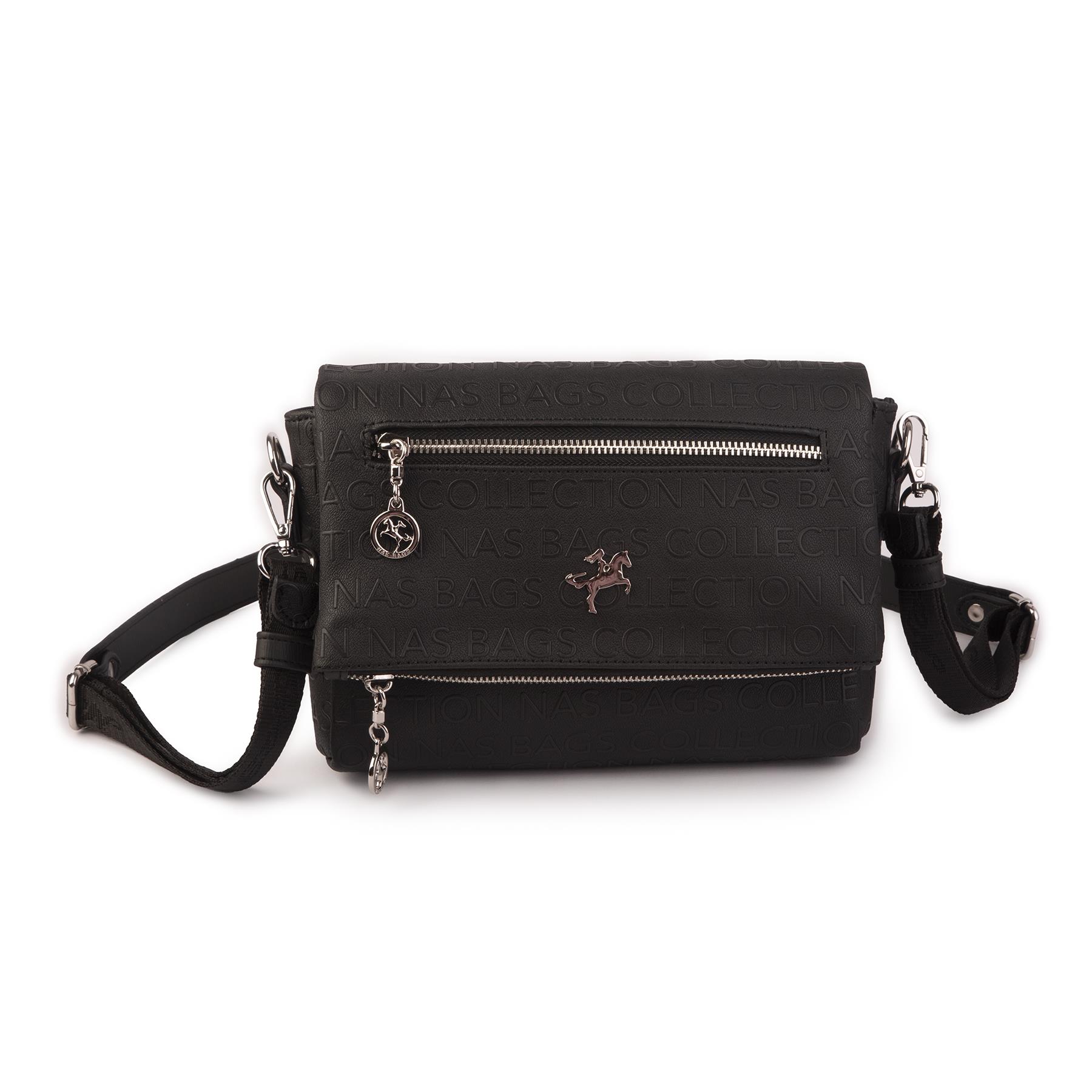 Nas Bag Kadın Çapraz Çok Cepli Spor Çanta Siyah Gofraj  (25x18x7 cm )