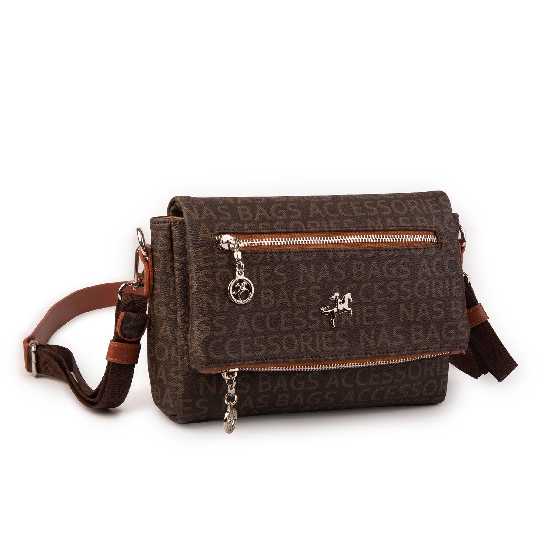Nas Bag Kadın Çapraz Çok Cepli Spor Çanta Kahve Taba Yazılı  (25x18x7 cm )