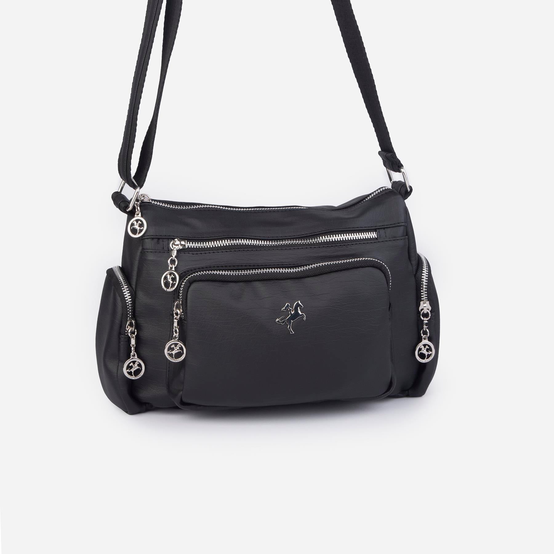 Nas Bag Kadın Çapraz Çok Gözlü Günlük Çanta Siyah  Yıkamalı ( 30x22 cm ebatlarındadır.)