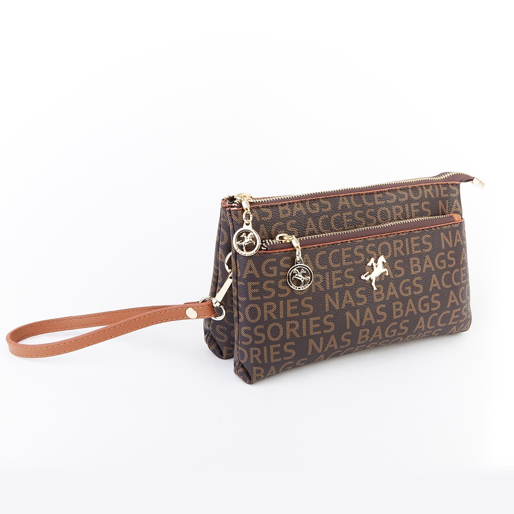 Nas Bag Kadın Çapraz ve Clutch Çanta Bilek ve Çapraz Askılı  Kahve Taba Yazılı (24x15 cm) 