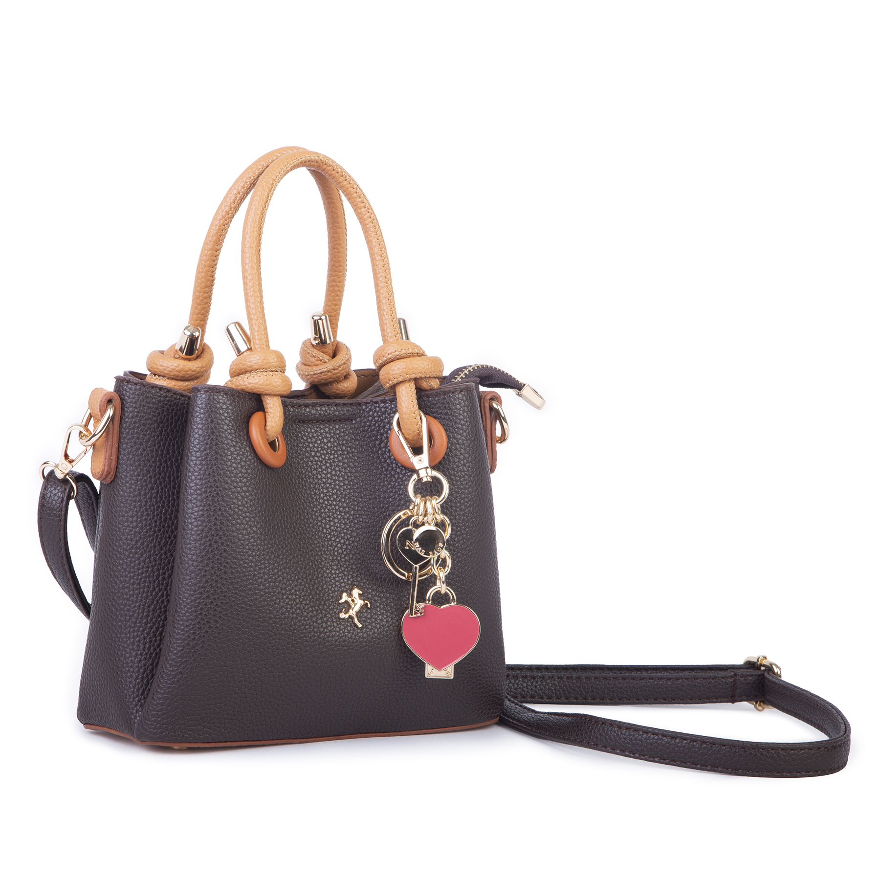 Nas Bag Kadın Charmlı Mini El ve Çapraz Çanta (en :19 cm , boy:15 cm) Kahve Taba Lopez